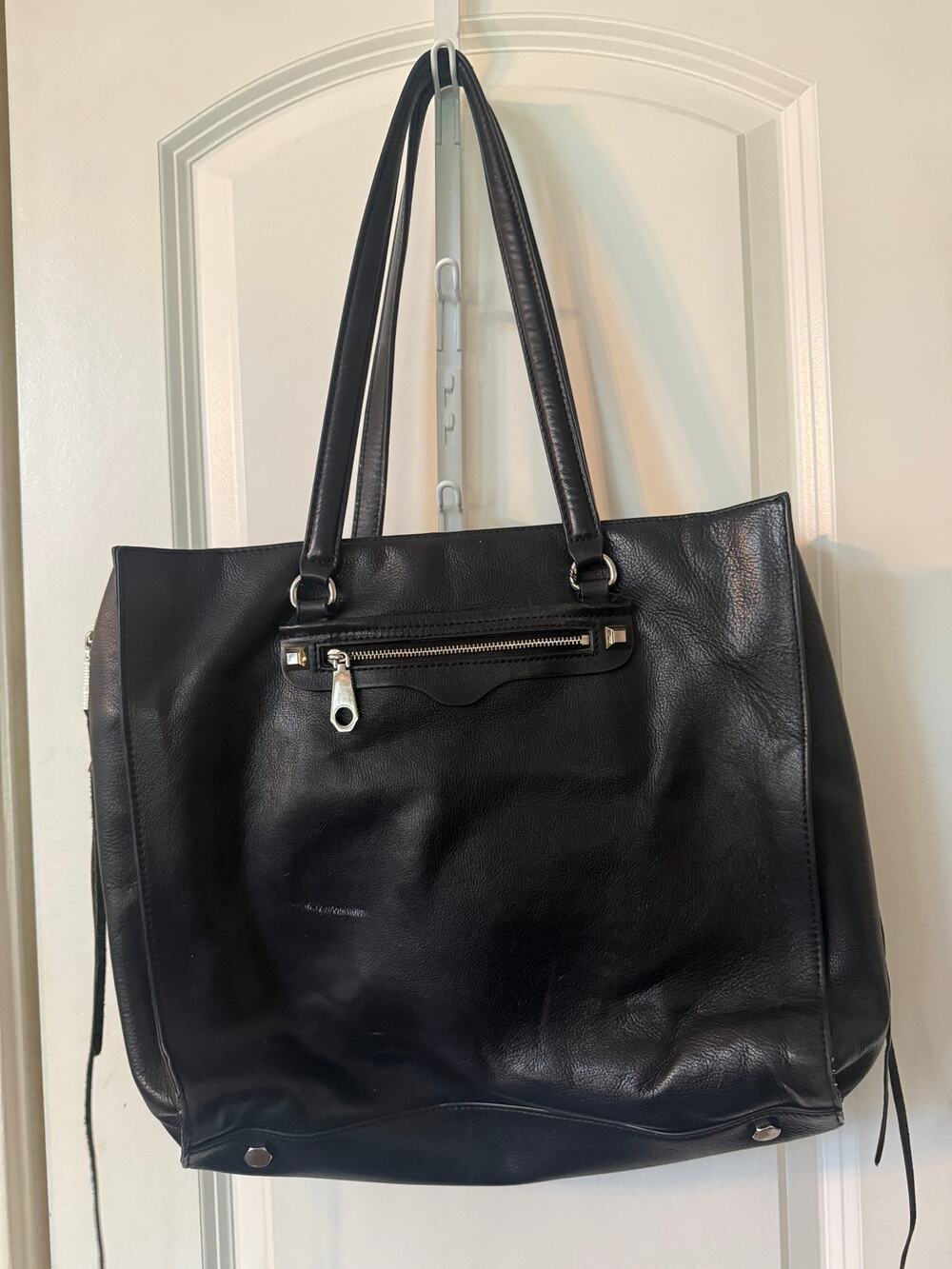 Rebecca Minkoff Black Leather Laptop Tote Shoulder Bag Silver Hardware